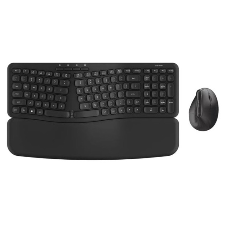 Silver Monkey ergonomikus vezeték nélküli billentyűzet és egér szett, fekete, kettős csatlakozás 2.4 GHz és Bluetooth, kompakt méretek