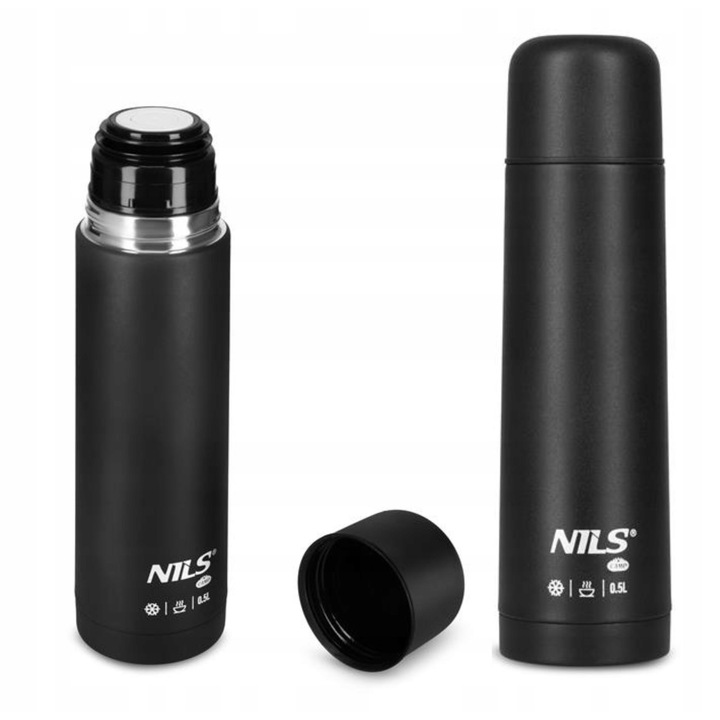 Cana termos NILS CAMP, 0.5L, inox, negru, 12h cald/24h rece, 24.3x9.9cm