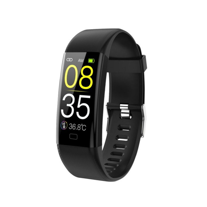 Ceas inteligent, ecran HD de 1, 1 inci, rezolutie 120x290, mod sport, monitorizare a starii de sanatate, masurare a temperaturii corporale, elegant si versatil, negru