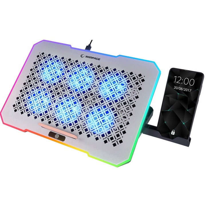 Suport racire laptop Rampage FREEZ, 6 ventilatoare, RGB, argintiu, 9-17 inch