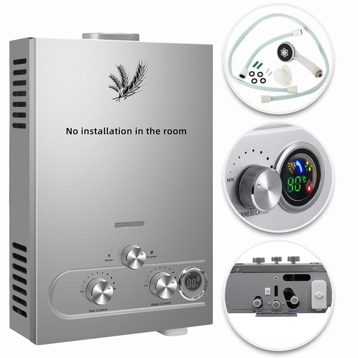 Incalzitor instant de apa pe gaz, 12L, display digital, instalare usoara, argintiu
