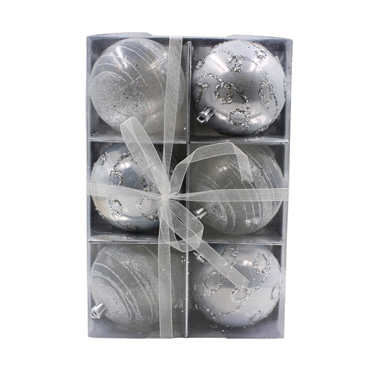 Set 6 globuri de Crăciun, Gift Design, argintiu, cu sclipici, 8 cm