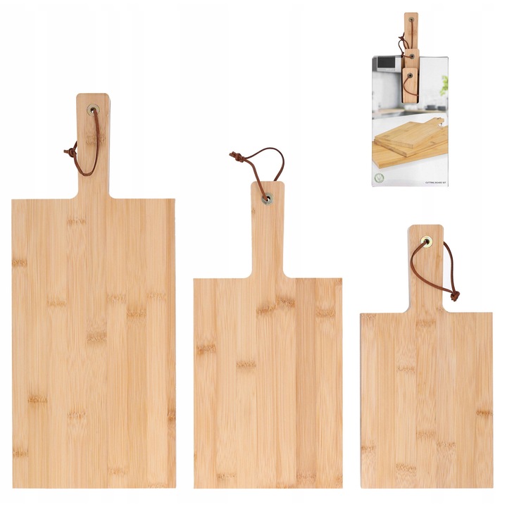 Set 3 Placi de Taiat Bambus, 30x15cm, 35x17cm, 45x19cm, Natural, Cu Inel