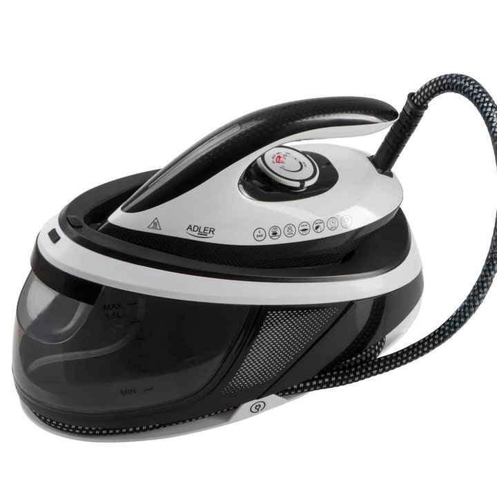 Statie de Calcat cu Abur Adler AD 5048 Rezervor Apa 1.5L Presiune 8Bar Talpa Ceramica Mod ECO Putere Max 3100W Alb/Negru