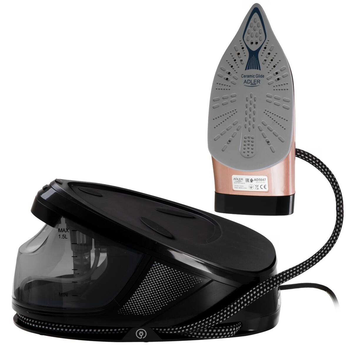Statie de Calcat cu Abur Adler AD 5047 Rezervor Apa 1.5L Presiune 8Bar Talpa Ceramica Mod ECO Putere Max 3100W Negru/Auriu