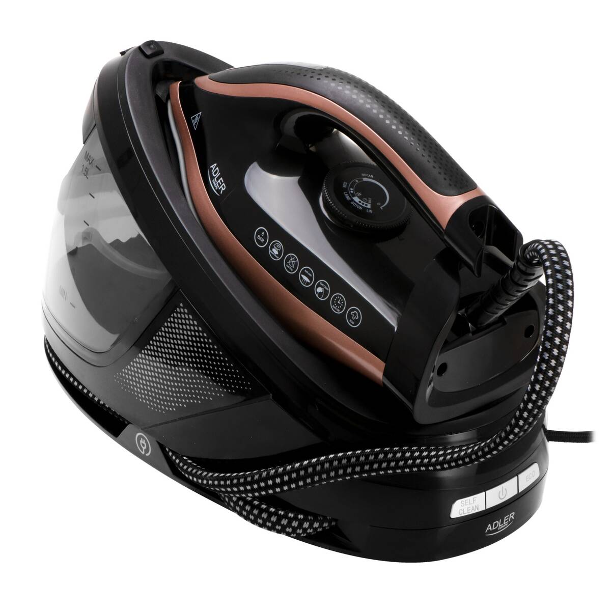 Statie de Calcat cu Abur Adler AD 5047 Rezervor Apa 1.5L Presiune 8Bar Talpa Ceramica Mod ECO Putere Max 3100W Negru/Auriu