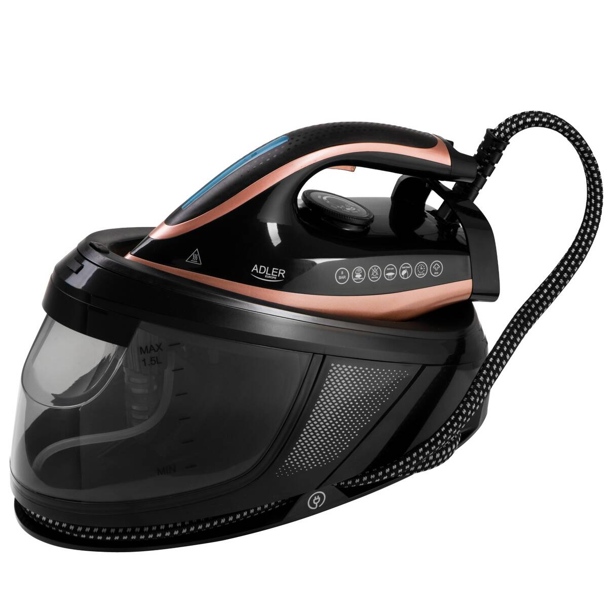 Statie de Calcat cu Abur Adler AD 5047 Rezervor Apa 1.5L Presiune 8Bar Talpa Ceramica Mod ECO Putere Max 3100W Negru/Auriu