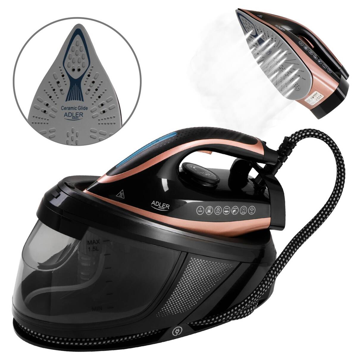 Statie de Calcat cu Abur Adler AD 5047 Rezervor Apa 1.5L Presiune 8Bar Talpa Ceramica Mod ECO Putere Max 3100W Negru/Auriu