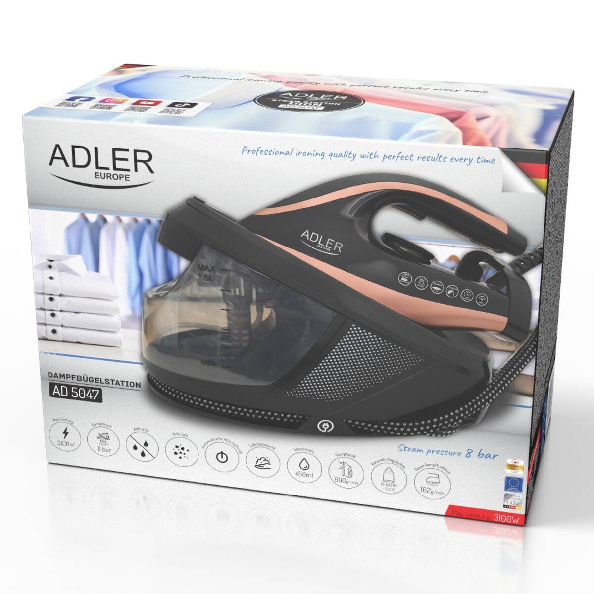 Statie de Calcat cu Abur Adler AD 5047 Rezervor Apa 1.5L Presiune 8Bar Talpa Ceramica Mod ECO Putere Max 3100W Negru/Auriu