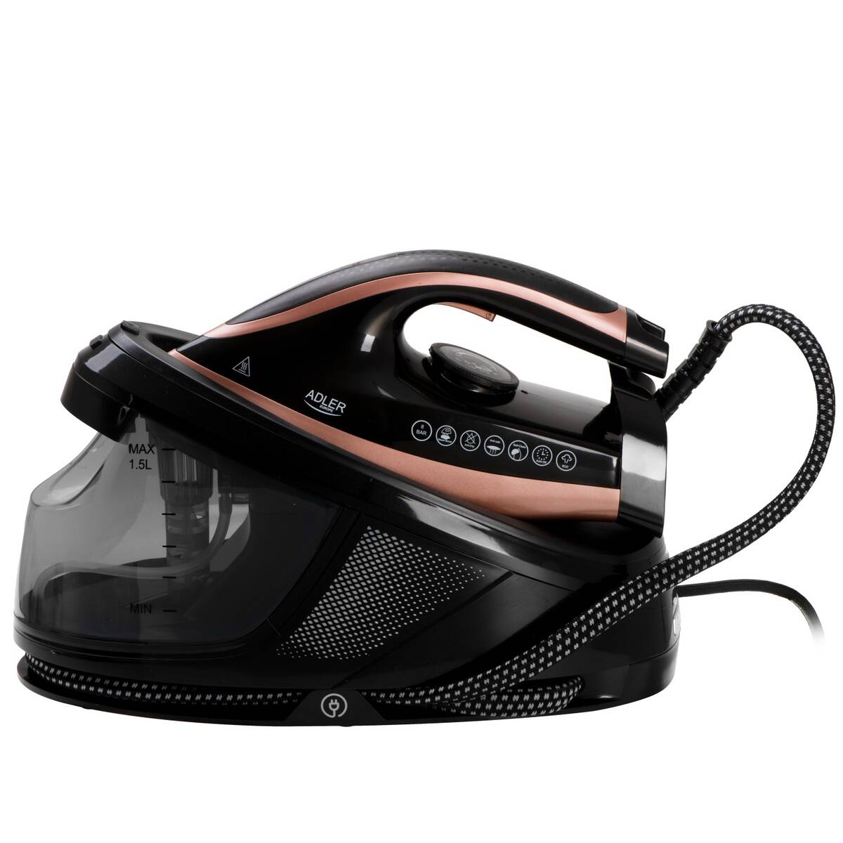 Statie de Calcat cu Abur Adler AD 5047 Rezervor Apa 1.5L Presiune 8Bar Talpa Ceramica Mod ECO Putere Max 3100W Negru/Auriu
