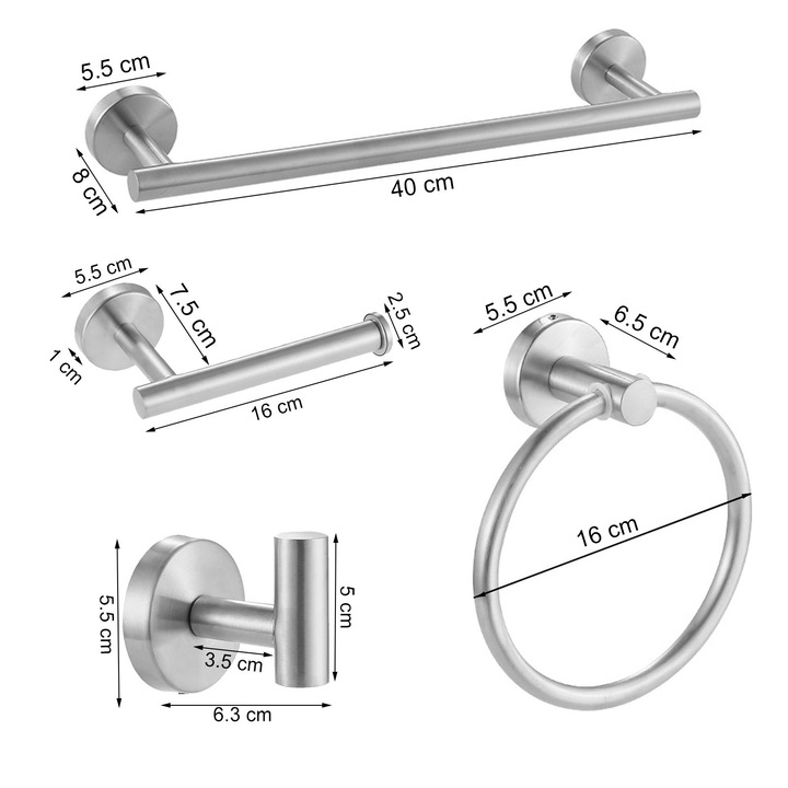 Комплект аксесоари за баня, asskanaer, Куки за баня тип закачалка, 5 части, С поставка за кърпи, Поставка за тоалетна хартия, Куки за баня, Пръстен за кърпи, Монтаж на стена, Устойчив на влага и ръжда, Неръждаема стомана, 42 * 16 * 6 см, Сребърен