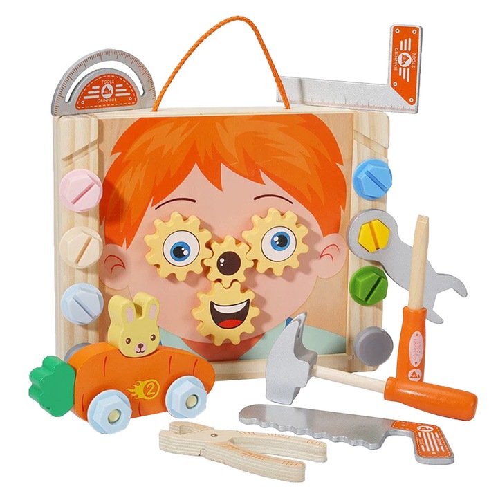 Комплект инструменти за деца Asskanaer, Монтесори, 32 части, Кутия за инструменти/Винтове/Чук/Менгеме, Множество инструменти и аксесоари, Развива интелигентността/моториката, Образователна играчка, 3+ години, Дърво, 27*22*4.8 см, Многоцветен