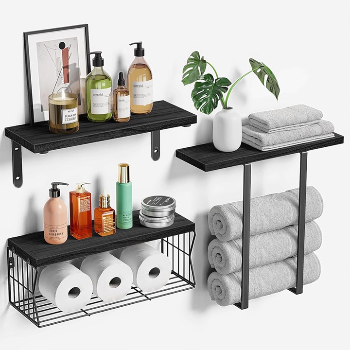 Raft suspendat, asskanaer, Set rafturi de perete suspendate 3 piese, Cu suport pentru prosoape si cos de depozitare din sarma, Poate fi folosit in baie, bucatarie sau living, Design Modern, Lemn/Metal, 40 * 15 * 1.5 cm, Negru