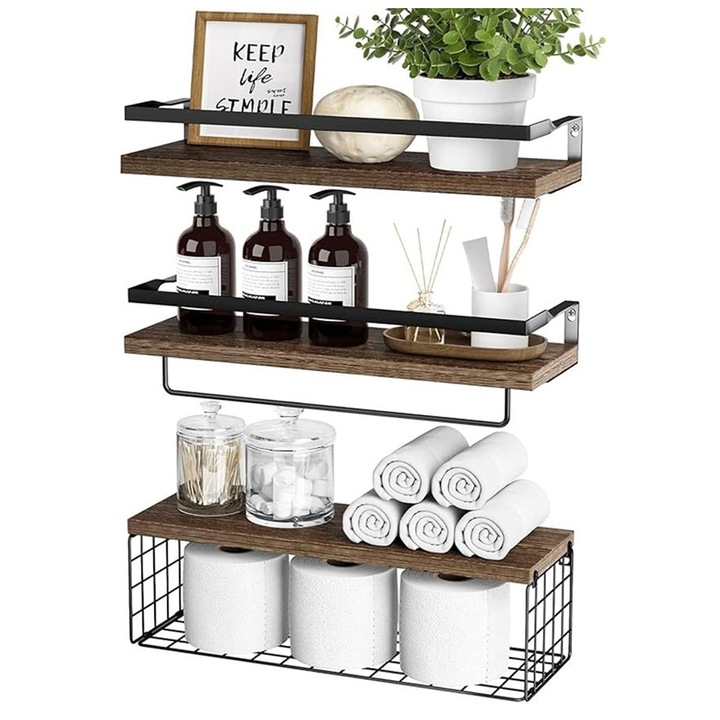 Raft suspendat, asskanaer, Set rafturi de perete suspendate 3 piese, Cu suport pentru prosoape si cos de depozitare din sarma, Poate fi folosit in baie, Bucatarie sau living, Design Modern, Lemn/Metal, 40 * 15 * 1.5 cm, Maro inchis