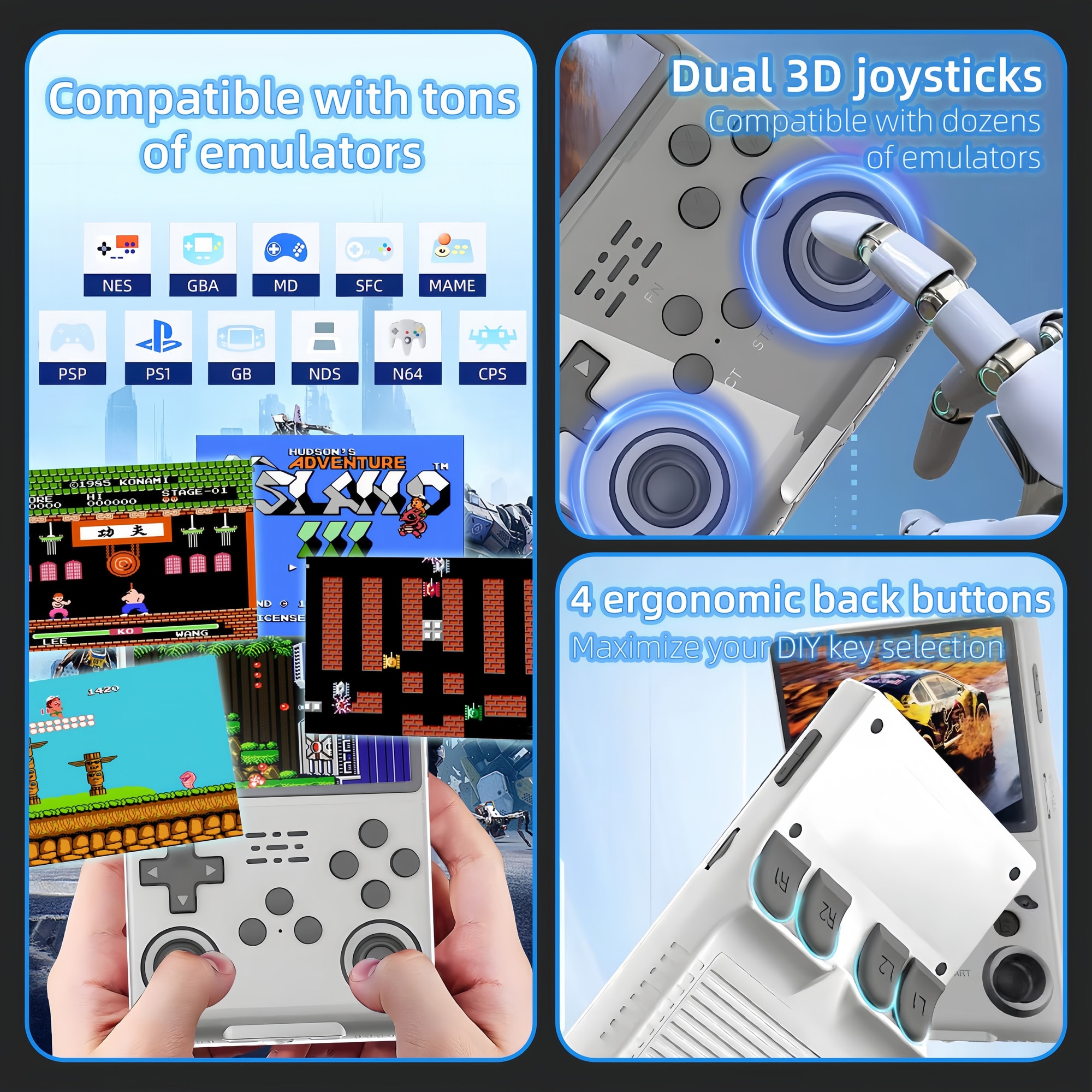 Consola de jocuri portabila Poisoon R40S PRO, 30000+ jocuri, ecran IPS 3.5 inch, 256GB TF card, Baterie 3800mAh，Autonomie 10h，Joystick-uri 3D, Type-C， Multiplayer Wireless, Iesire Video/Audio, Alb