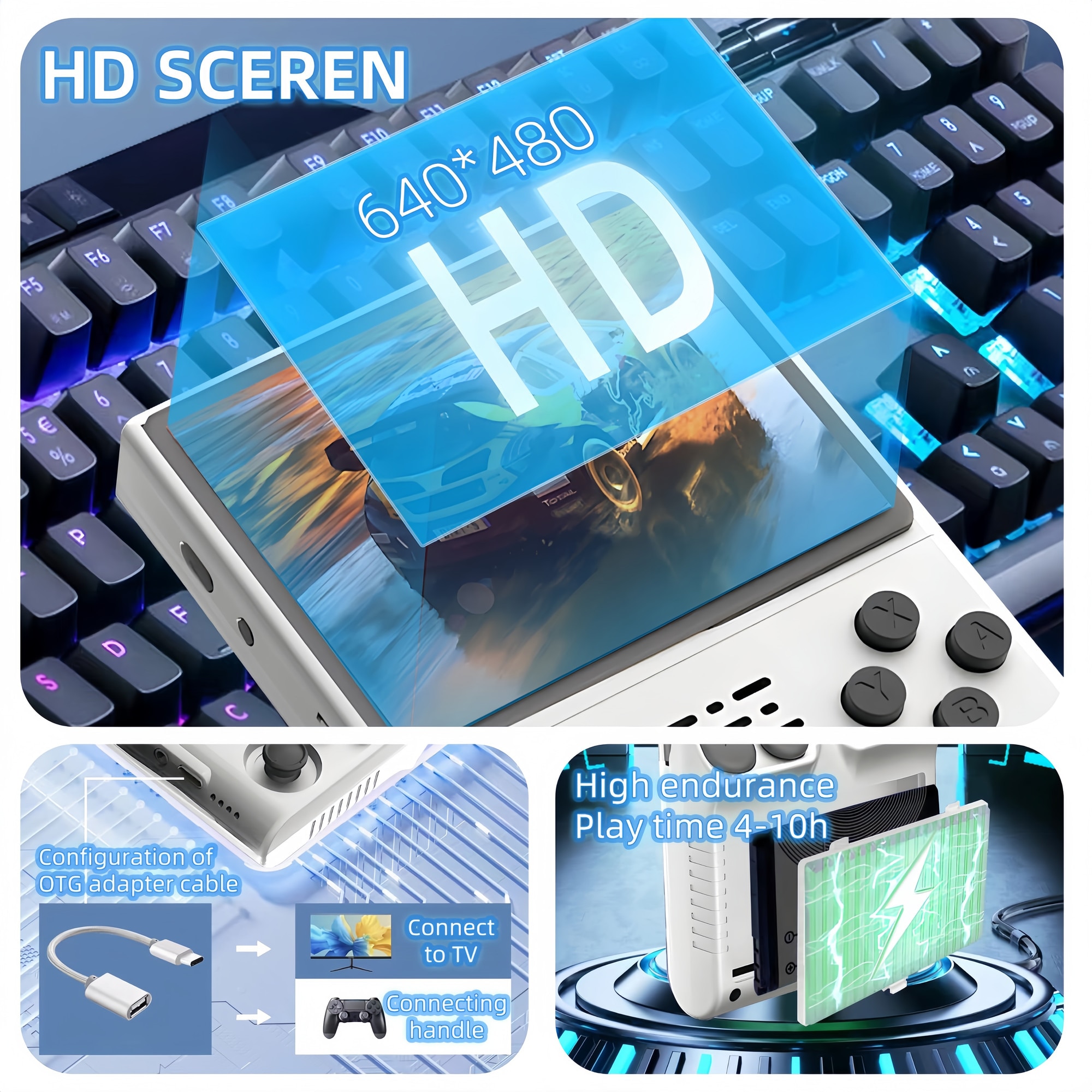 Consola de jocuri portabila Poisoon R40S PRO, 30000+ jocuri, ecran IPS 3.5 inch, 256GB TF card, Baterie 3800mAh，Autonomie 10h，Joystick-uri 3D, Type-C， Multiplayer Wireless, Iesire Video/Audio, Alb