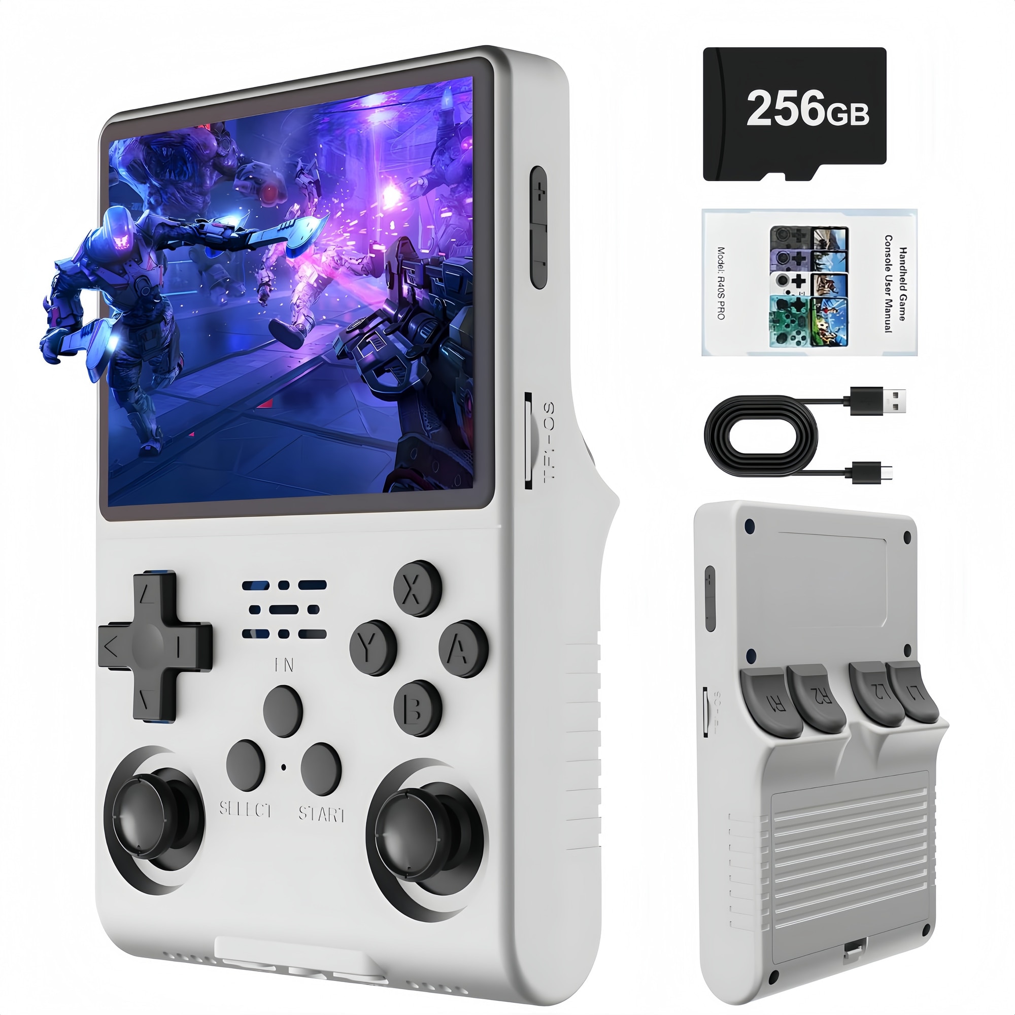 Consola de jocuri portabila Poisoon R40S PRO, 30000+ jocuri, ecran IPS 3.5 inch, 256GB TF card, Baterie 3800mAh，Autonomie 10h，Joystick-uri 3D, Type-C， Multiplayer Wireless, Iesire Video/Audio, Alb