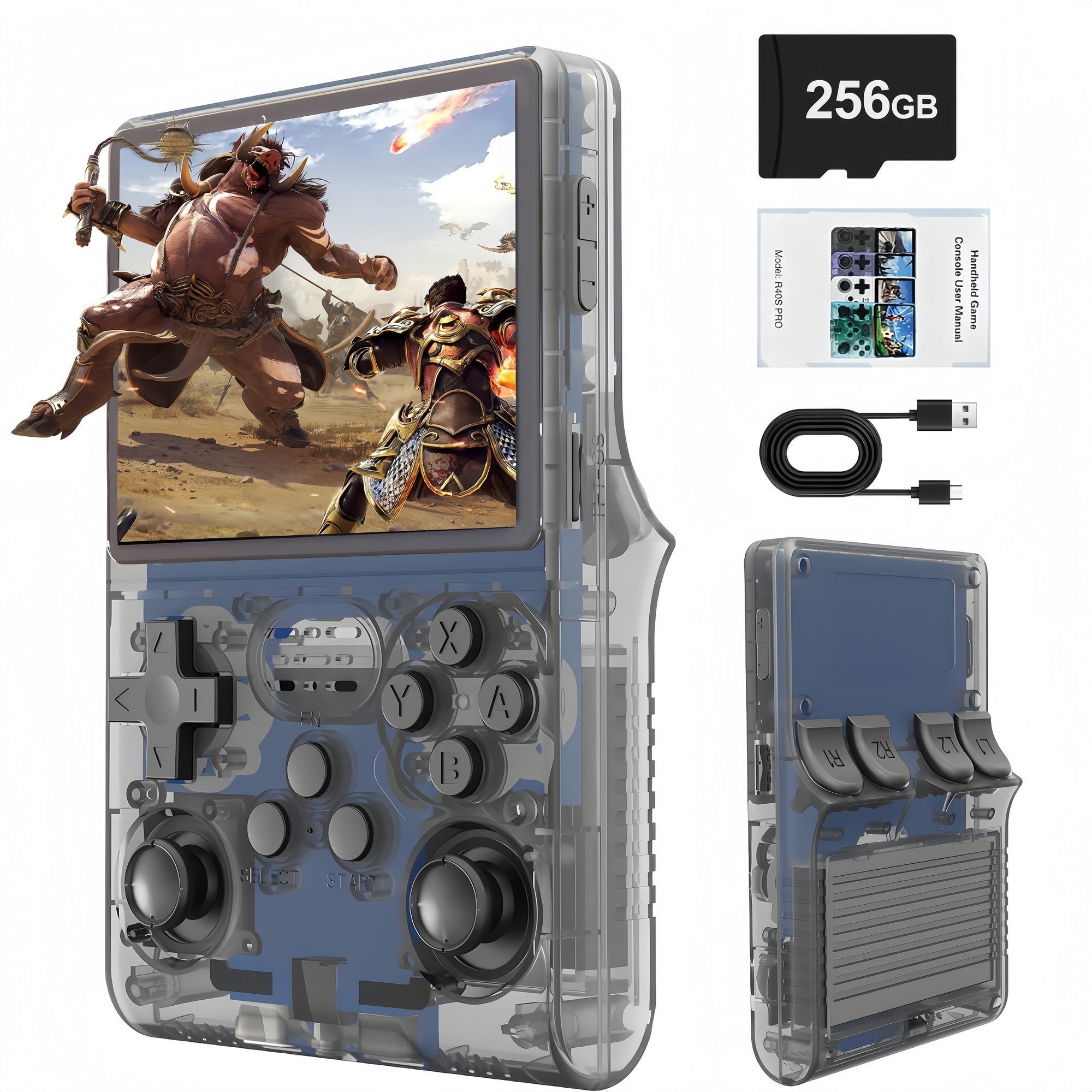 Consola de jocuri portabila Poisoon R40S PRO, 30000+ jocuri, ecran IPS 3.5 inch, 256GB TF card, Baterie 3800mAh，Autonomie 10h，Joystick-uri 3D, Type-C， Multiplayer Wireless, Iesire Video/Audio， Gri transparent