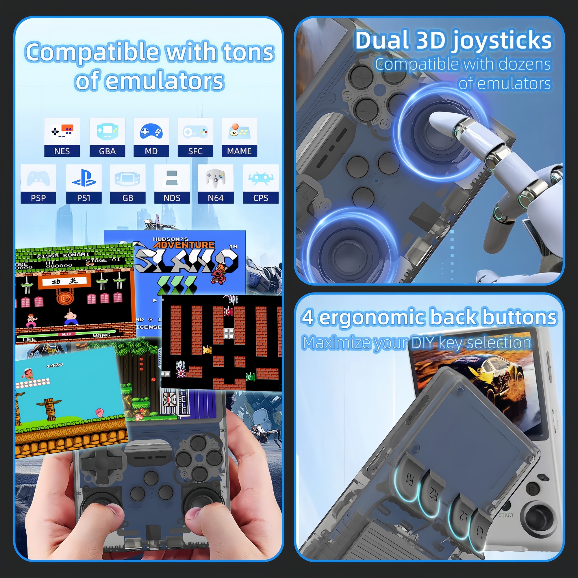 Consola de jocuri portabila Poisoon R40S PRO, 30000+ jocuri, ecran IPS 3.5 inch, 256GB TF card, Baterie 3800mAh，Autonomie 10h，Joystick-uri 3D, Type-C， Multiplayer Wireless, Iesire Video/Audio， Gri transparent