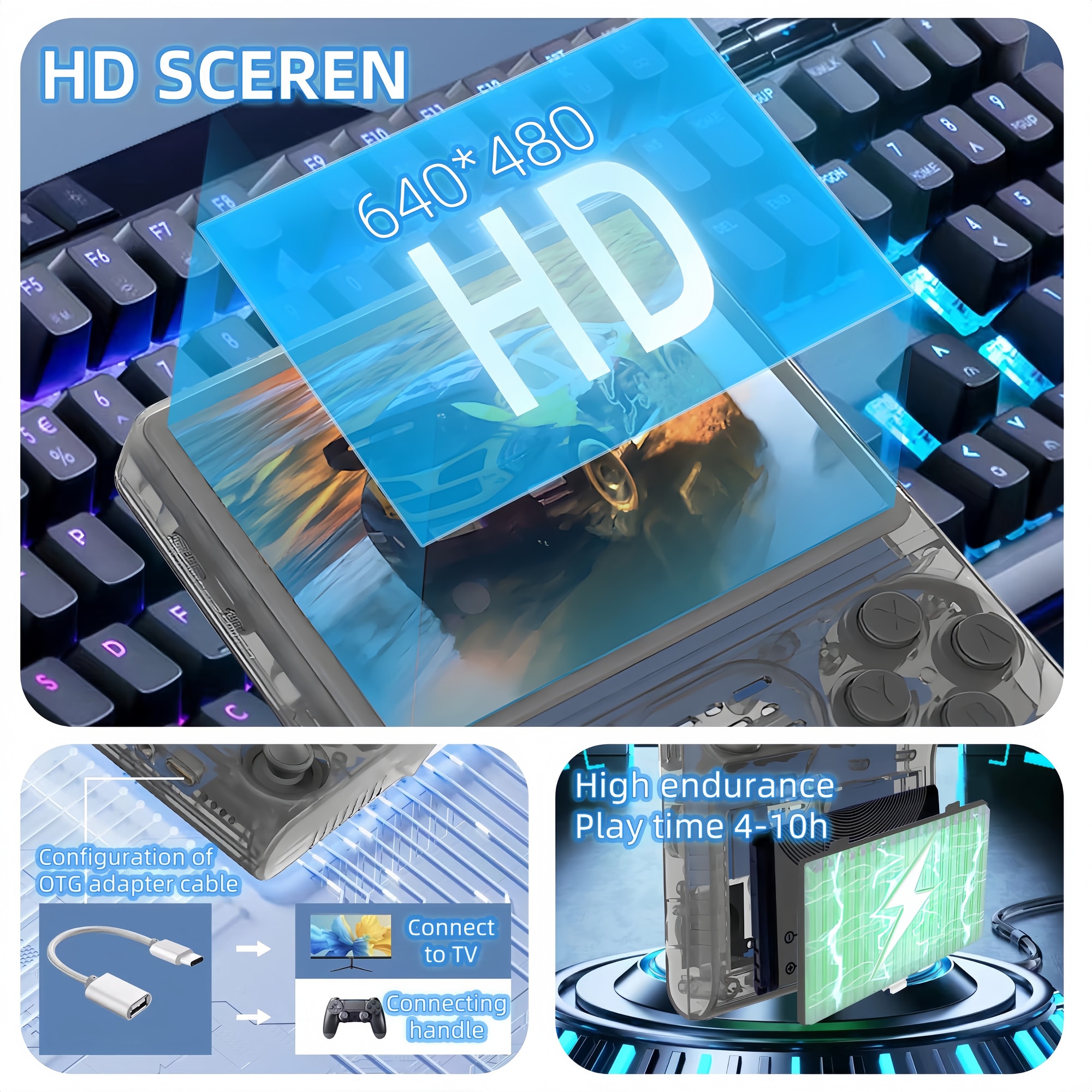 Consola de jocuri portabila Poisoon R40S PRO, 30000+ jocuri, ecran IPS 3.5 inch, 256GB TF card, Baterie 3800mAh，Autonomie 10h，Joystick-uri 3D, Type-C， Multiplayer Wireless, Iesire Video/Audio， Gri transparent
