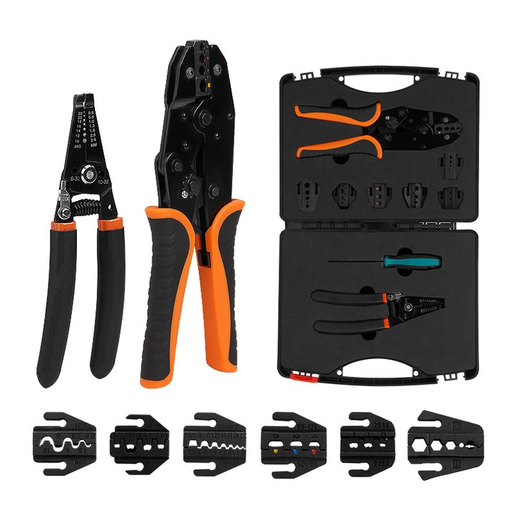 9 darabos krimpelő szerszámkészlet, 6 cserélhető fej, drótvágó, csavarhúzó