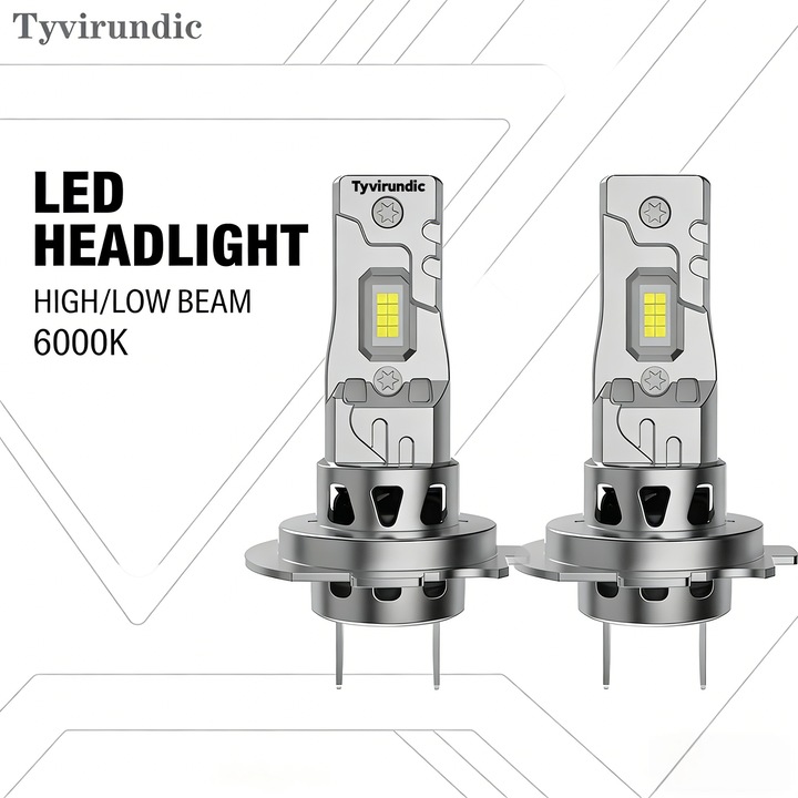 Becuri LED H7 Tyvirundic, 6000K, set 2 bucati, dimensiune mini, design wireless, gri si argintiu