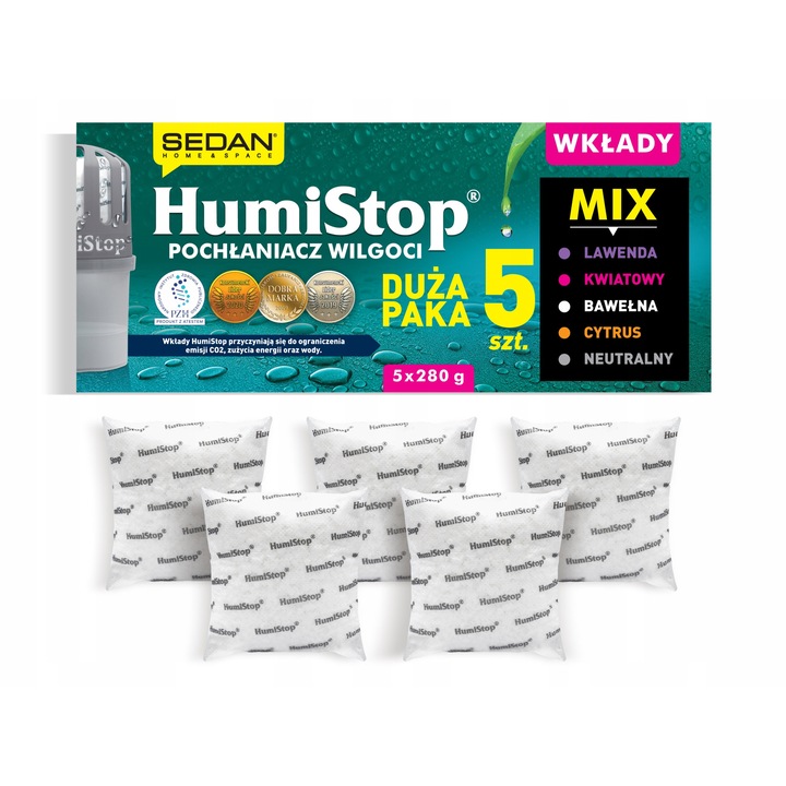 Комплект от 5 резервни аромата Humistop, 280 гр. всеки, премахва влагата, покритие 18 м, разнообразни аромати