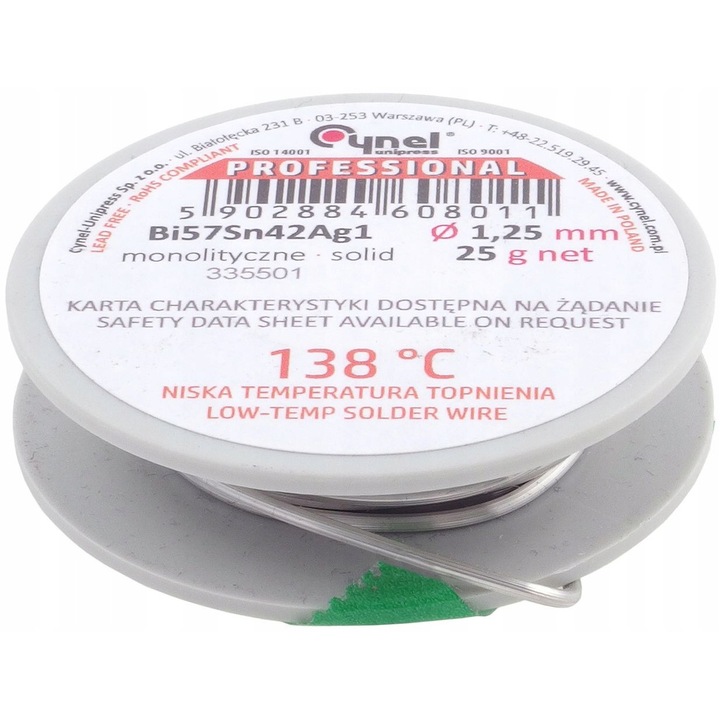 Fludor Cynel, 1.25mm, 25g, Bi57Sn42Ag1, temperatura de topire 138C, fir fara flux