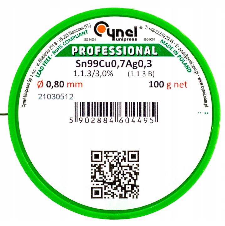 Fludor Cynel 0.8mm Sn99Cu0.7Ag0.3 cu flux, 100g, pentru lipire profesională