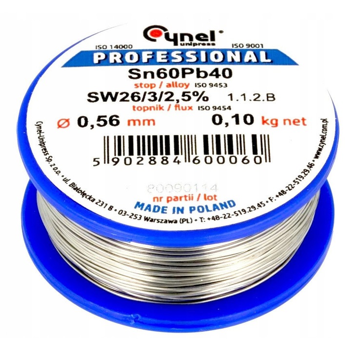 Fludor de lipit Cynel, 0, 56mm, 100g, Sn60Pb40, flux SW26