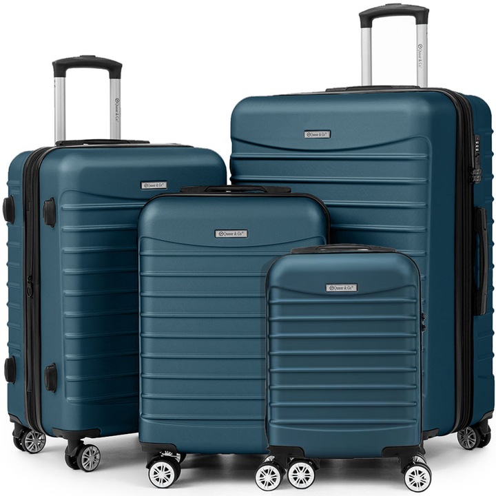 Комплект куфари Quasar & Co., Модел LINE, Размер XS/S/M/L, Цип против кражба, Шифър, Телескопична дръжка, 4 колелца 360°, ABS, Петролно синьо, 4 бр