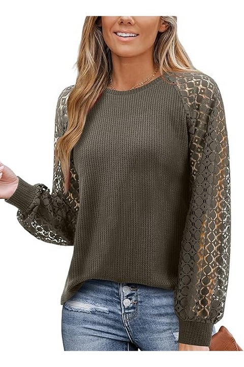 Bluza cu maneca lunga din dantela tip vafa pentru femei, guler rotund, kaki, marime XL, Amoretu