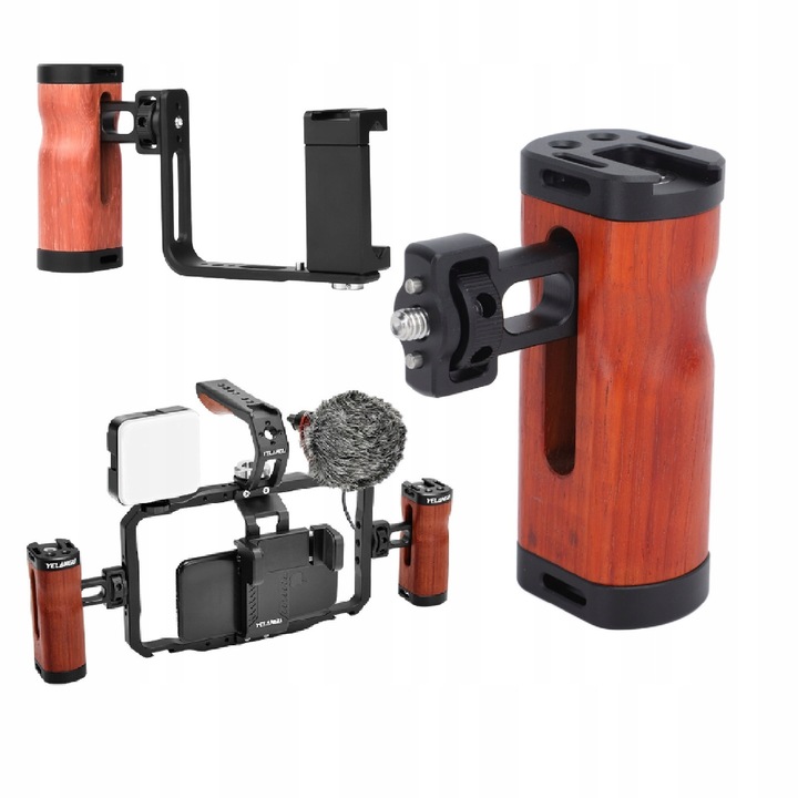 Univerzális oldalsó markolat fényképezőgéphez/videókamerához, ergonomikus fogás, safico körtefa és alumínium, állítható, vakupapucs rögzítés