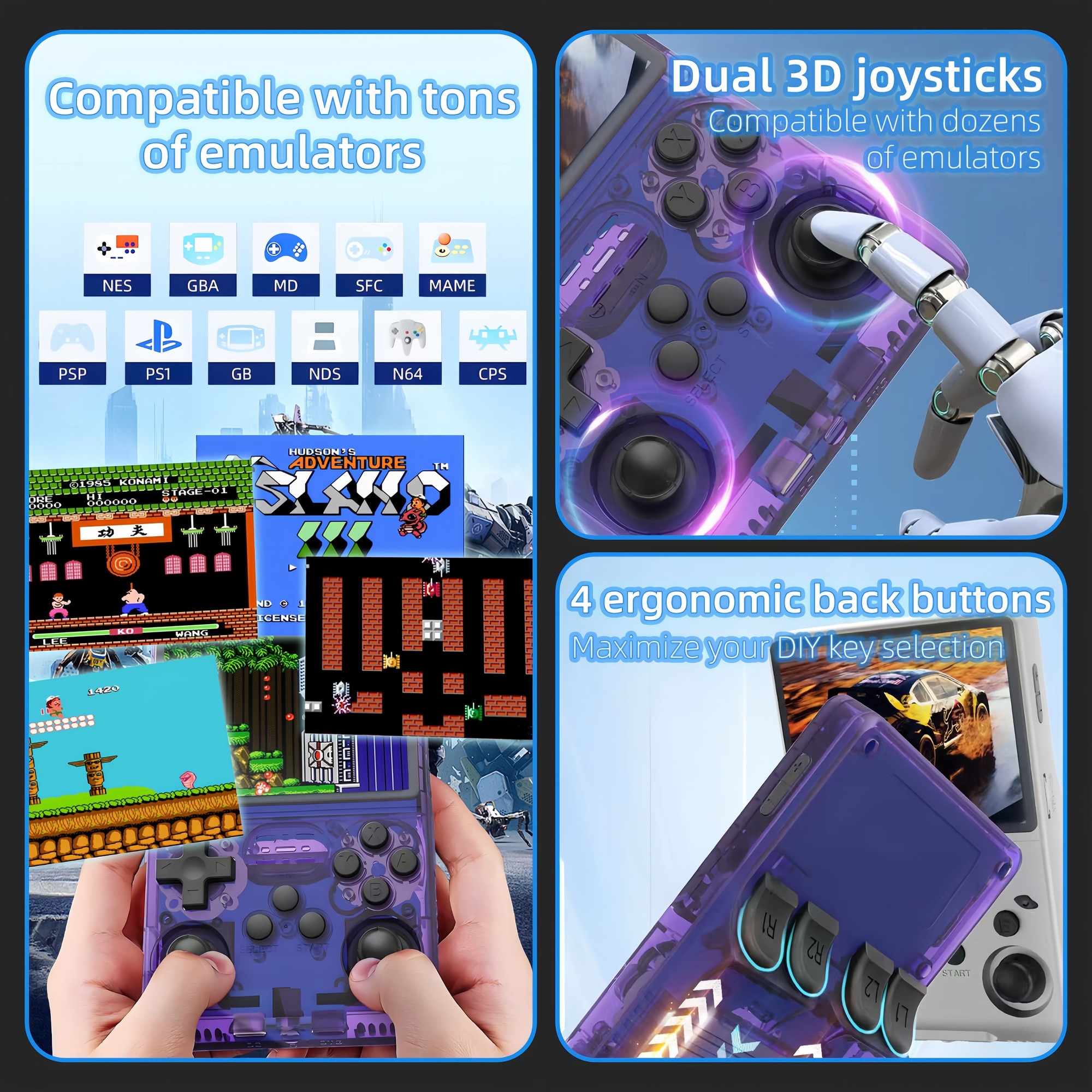 Consola de jocuri portabila Poisoon R40S PRO, 30000+ jocuri, ecran IPS 3.5 inch, 256GB TF card, Baterie 3800mAh，Autonomie 10h，Joystick-uri 3D, Type-C， Multiplayer Wireless, Iesire Video/Audio，Violet transparent