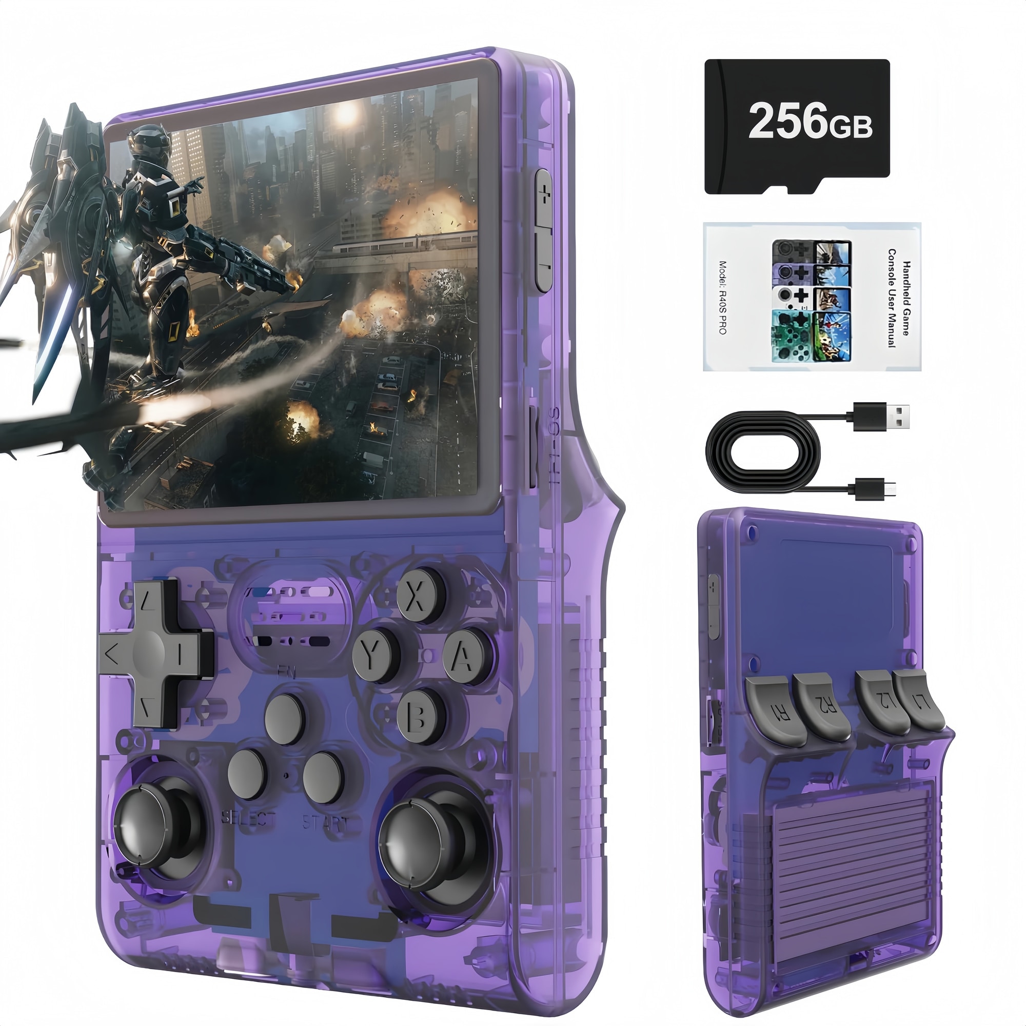 Consola de jocuri portabila Poisoon R40S PRO, 30000+ jocuri, ecran IPS 3.5 inch, 256GB TF card, Baterie 3800mAh，Autonomie 10h，Joystick-uri 3D, Type-C， Multiplayer Wireless, Iesire Video/Audio，Violet transparent