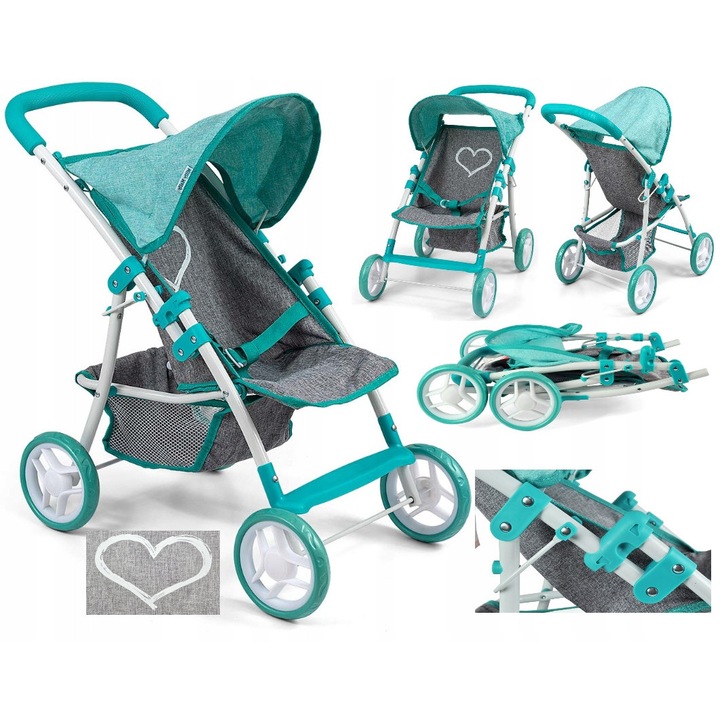 Carucior pentru papusi Milly Mally Natalie Mint, pliabil, copertina, cos, 53.5x33x52cm