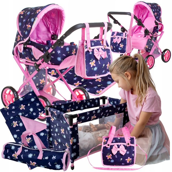 Set Jucărie Cărucior 3in1 Pliabil cu Patut și Accesorii, Doris, Multicolor, pentru Papusi