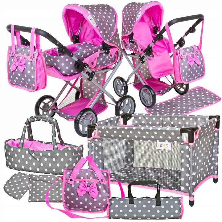 Carucior Pliabil Papusi Doris 3in1, Patut cu Lenjerie, Geanta, 45cm