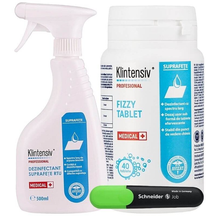 Set Complex Dezinfectant Klintensiv, 40 Tablete Clor + Dezinfectant Suprafete RTU 500ml, Textmarker, Eficiență Mare, Multicolor