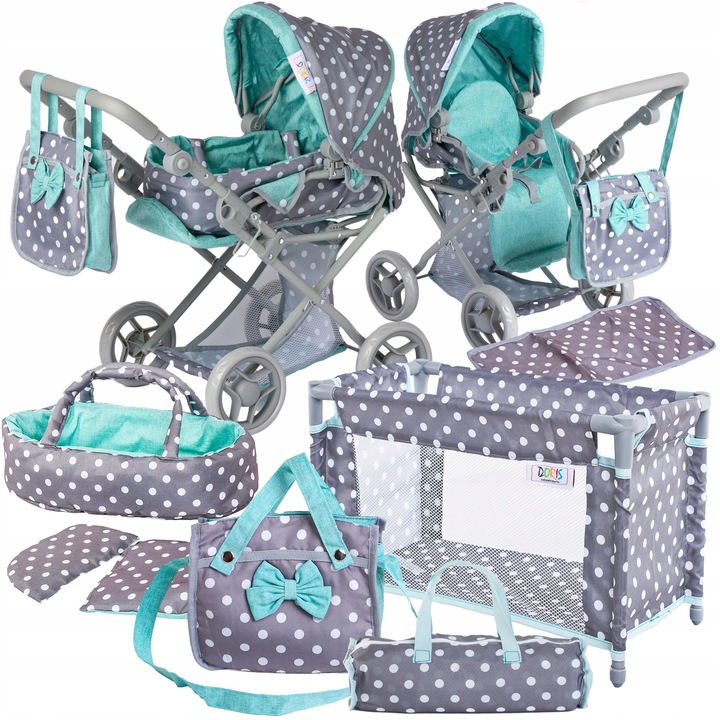Carucior pentru papusi 3 in 1 Doris, set complet cu patut si accesorii, multicolor, 45cm