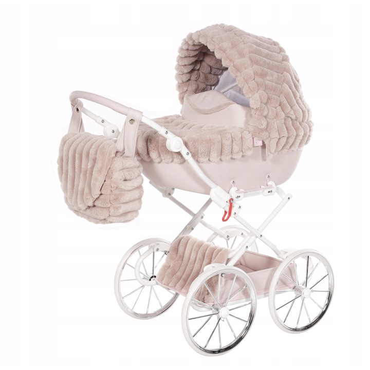 Carucior papusi Junama Muffy Mini Retro, roz, plusat, roti mari, maner ajustabil