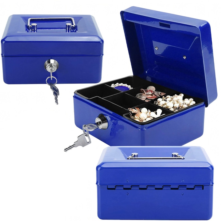 Cutie Metalica de Bani, Antifurt, Insert pentru Monede, Bancnote, Bijuterii, Documente, Seif Compartimentat, cu Lacat Cilindru si 2 Chei, 15 x 12 x 8 cm, Albastra