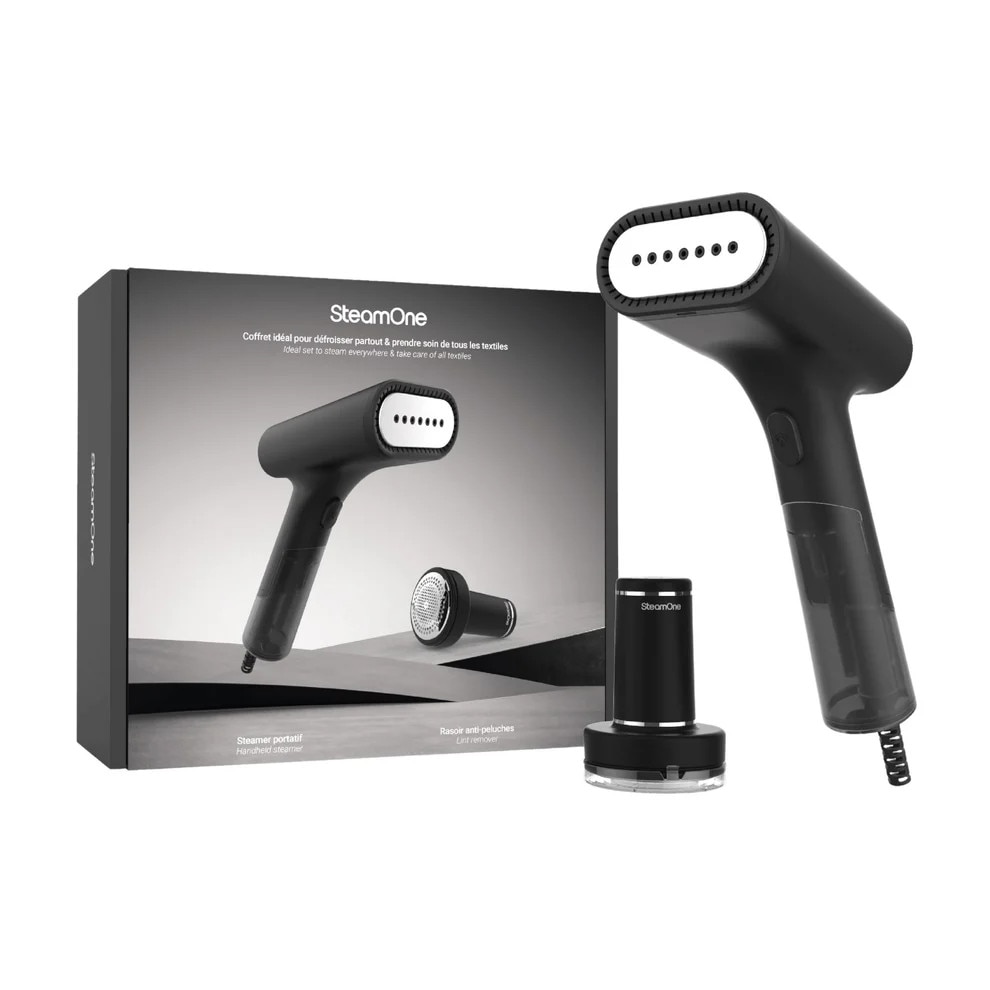 Set aparat de calcat cu aburi si curatat scame SteamOne, Simon + Anti-pilling, 75 ml, debit 30 g/min, incalzire rapida, autonomie, viteza centrifugare 9500 rpm, 3 lame otel inoxidabil, oprire de siguranta, indicator luminos, ideal cadou, 1700 W, negru