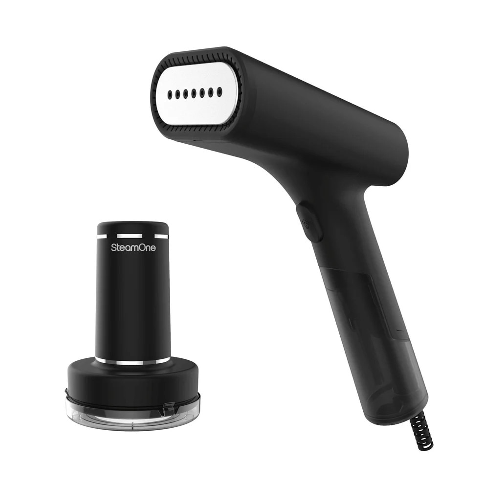 Set aparat de calcat cu aburi si curatat scame SteamOne, Simon + Anti-pilling, 75 ml, debit 30 g/min, incalzire rapida, autonomie, viteza centrifugare 9500 rpm, 3 lame otel inoxidabil, oprire de siguranta, indicator luminos, ideal cadou, 1700 W, negru