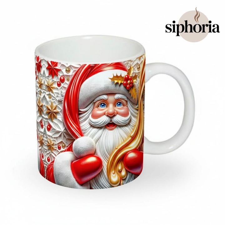 Cana Mos Craciun Siphoria, Ceramica Premium, 350 ml, Design 3D festiv Mos Craciun, Ideala pentru Cadouri de Sarbatori