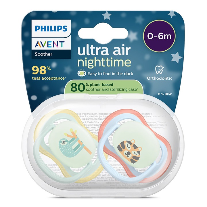 Залъгалки Ultra Air Night Philips AVENT Plant Based 0-6м с декорация тигър/ленивец 2бр/оп