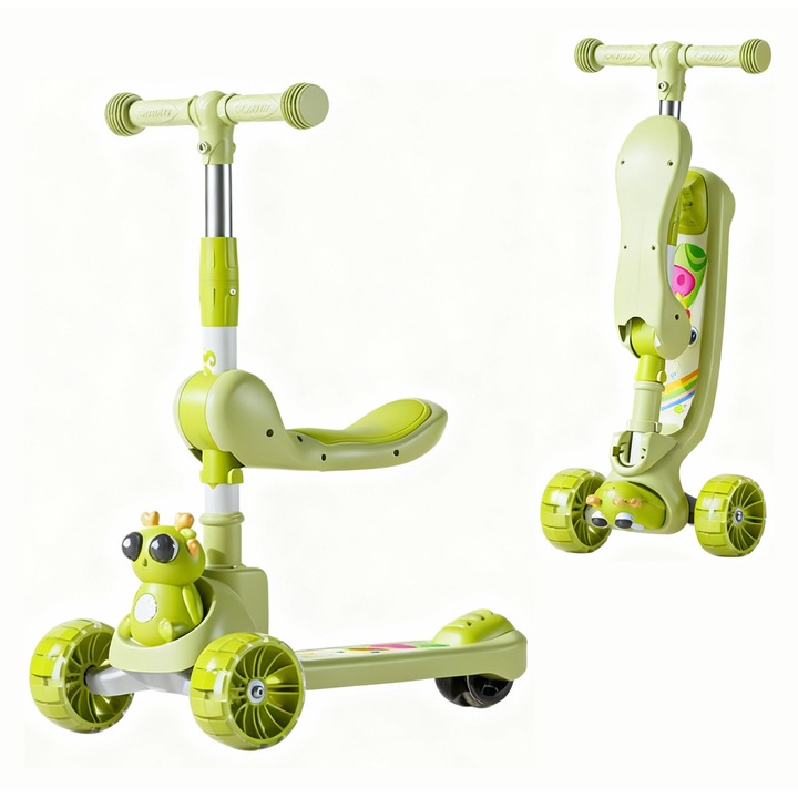 Trotineta copii cu sezut Feicaeesa®, transformabila 2 in 1, cu roti luminoase LED si Muzica, cu Scaun Reglabil - Monopedina Pliabila, 3-12 ani, pana la 100 kg, Verde