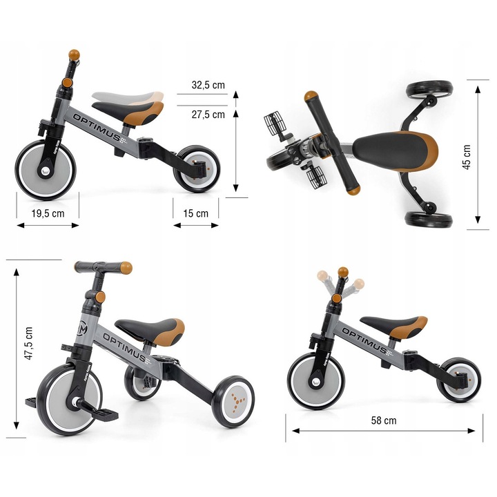 Tricicleta evolutiva 3-in-1 Milly Mally, personalizata, gri, 12 luni, fara pedale