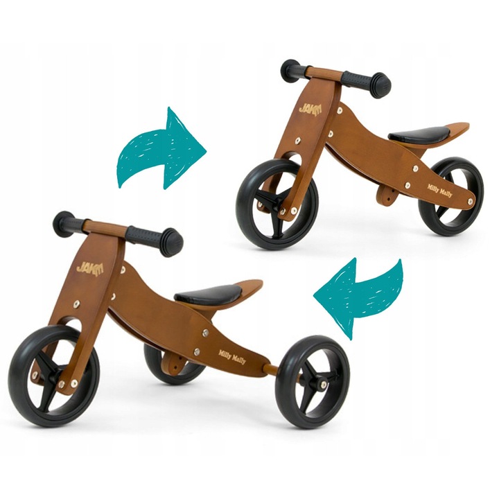 Trotineta echilibru 2 in 1 Milly Mally, maro, tricicleta si bicicleta, 1-4 ani