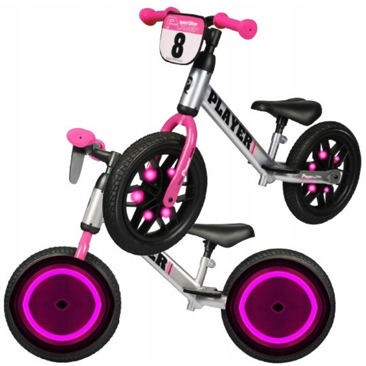 Bicicleta fara pedale QPlay Player roz cu roti LED, 12 inch, pentru fete 3-6 ani